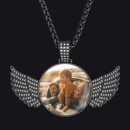 Winged necklace with a circular photo insert