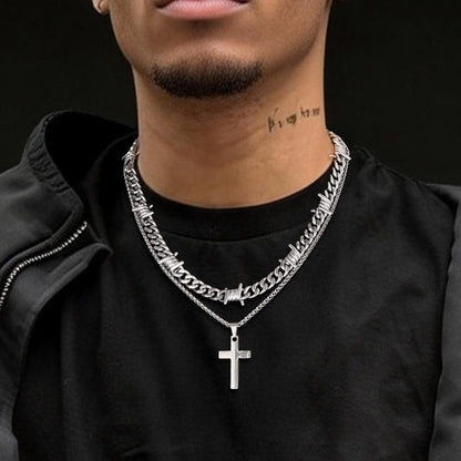 Barbed Wire Cuban Chain & Cross Layered Necklaces Set