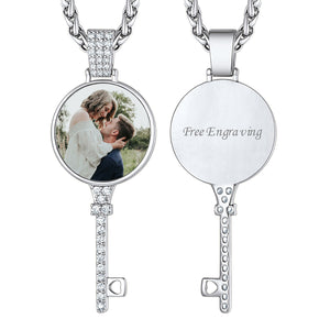 Personalised Photo Key Necklace with Cubic Zirconia for Men Women