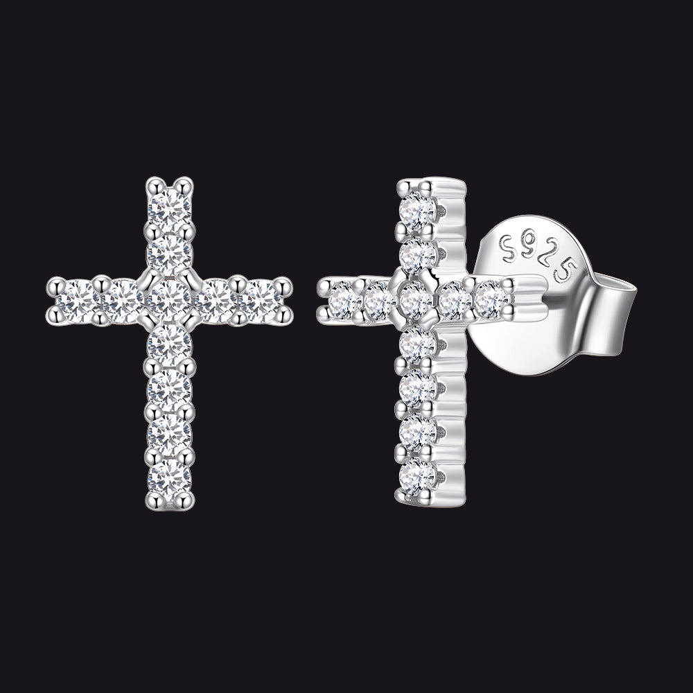 White Gold Plated+Clear CZ Sterling Silver Cubic Zirconia Cross Stud Earrings for Men, Women