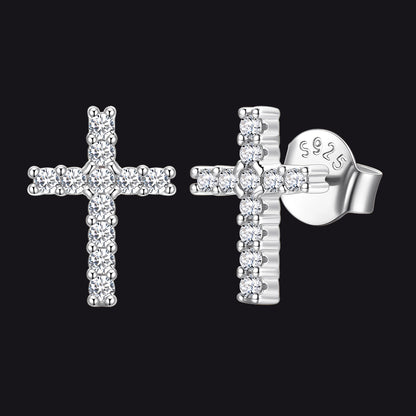 White Gold Plated+Clear CZ Sterling Silver Cubic Zirconia Cross Stud Earrings for Men, Women