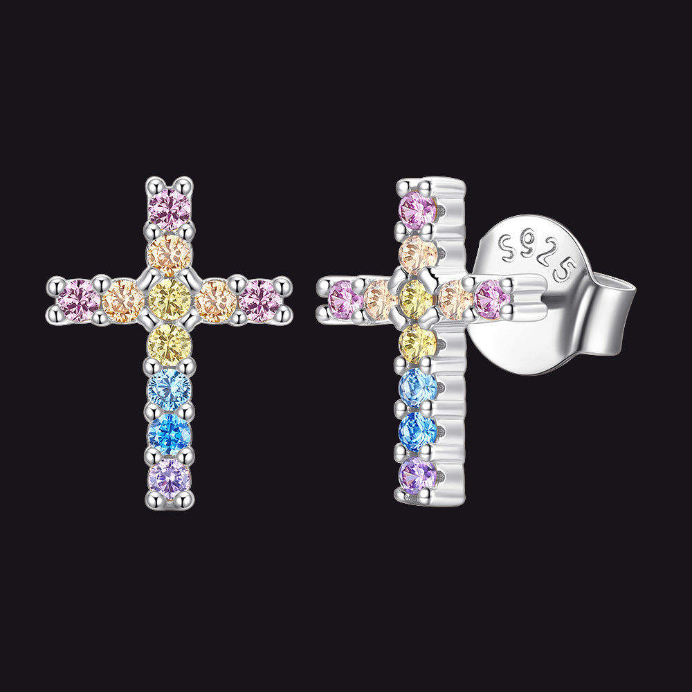 White Gold Plated+Color CZ Sterling Silver Cubic Zirconia Cross Stud Earrings for Men, Women