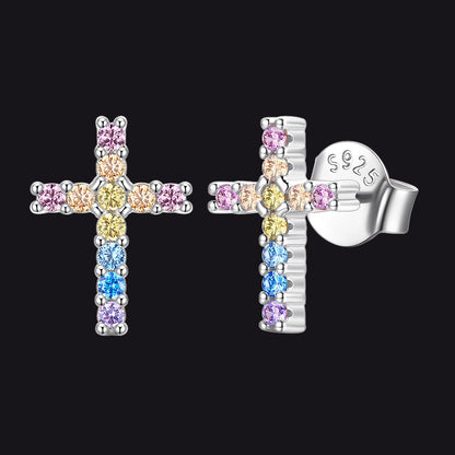 White Gold Plated+Color CZ Sterling Silver Cubic Zirconia Cross Stud Earrings for Men, Women
