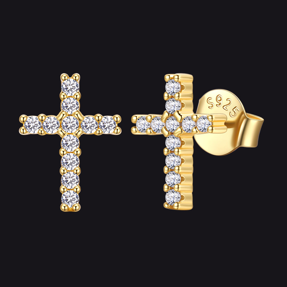 14K Gold Plated+Clear CZ Sterling Silver Cubic Zirconia Cross Stud for Men, Women, for Christian