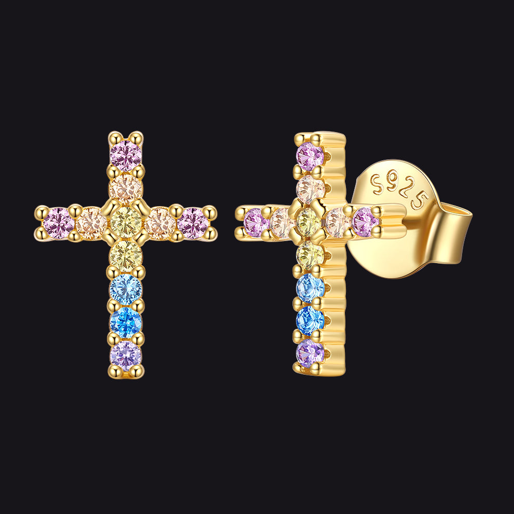4K Gold Plated+Color CZ Sterling Silver Cubic Zirconia Cross Stud Earrings for Christian