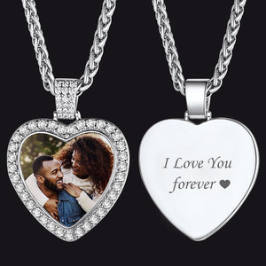Heart-shaped pendant with embedded photo and 'I Love You forever' engraving on a black background