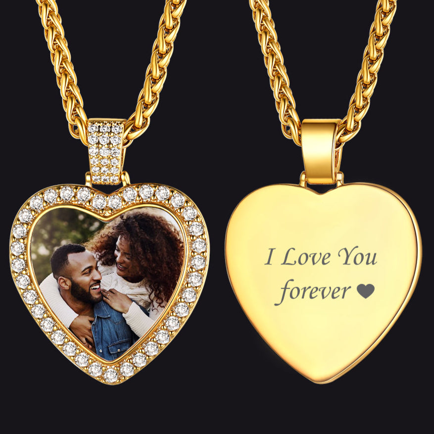 Gold heart-shaped necklace with photo insert and 'I Love You forever' engraving on a black background