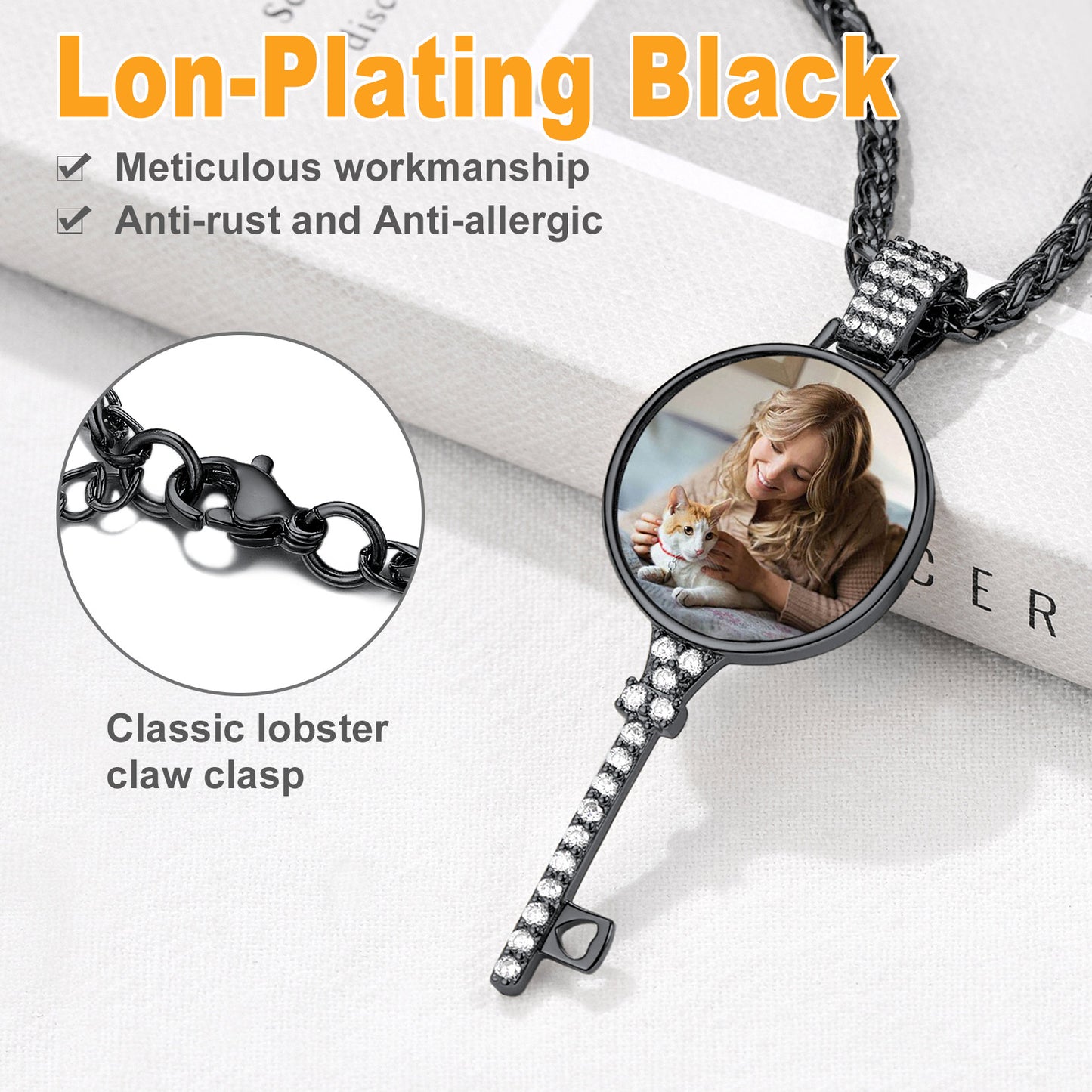 Necklace with round pendant featuring a woman and dog, on a white background with text about plating and clasp type.