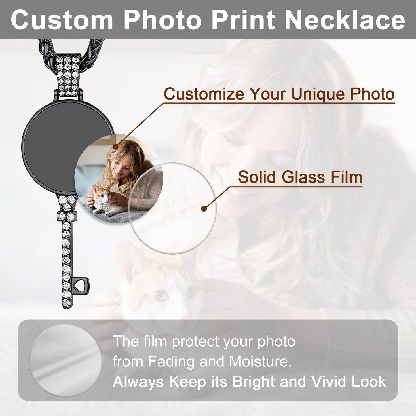 Custom photo print necklace with solid glass film to protect and display a unique photo.