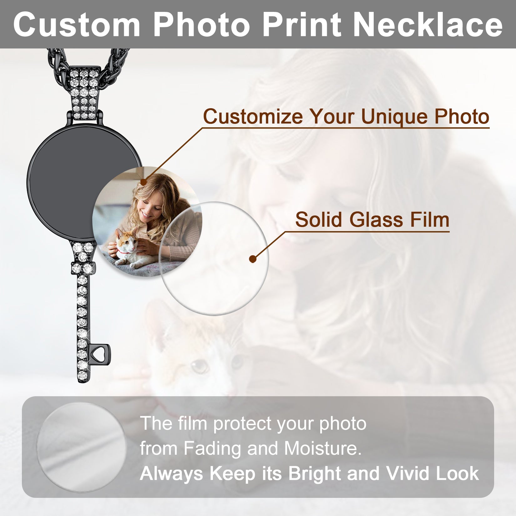 Custom photo print necklace with solid glass film to protect and display a unique photo.