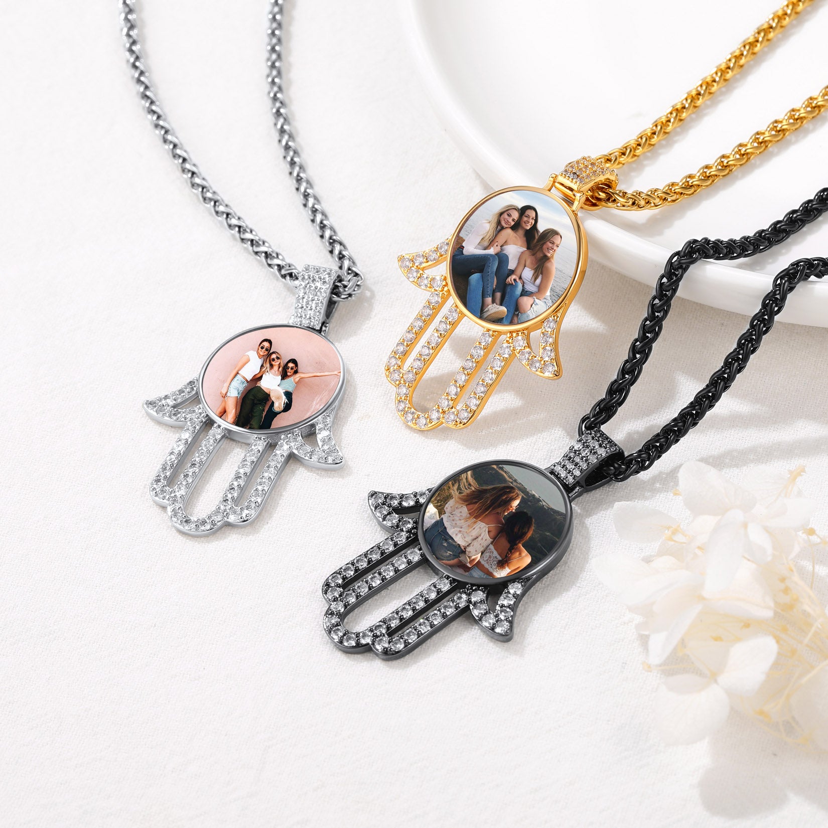 Three cubic zirconia Hand of Fatima locket necklace