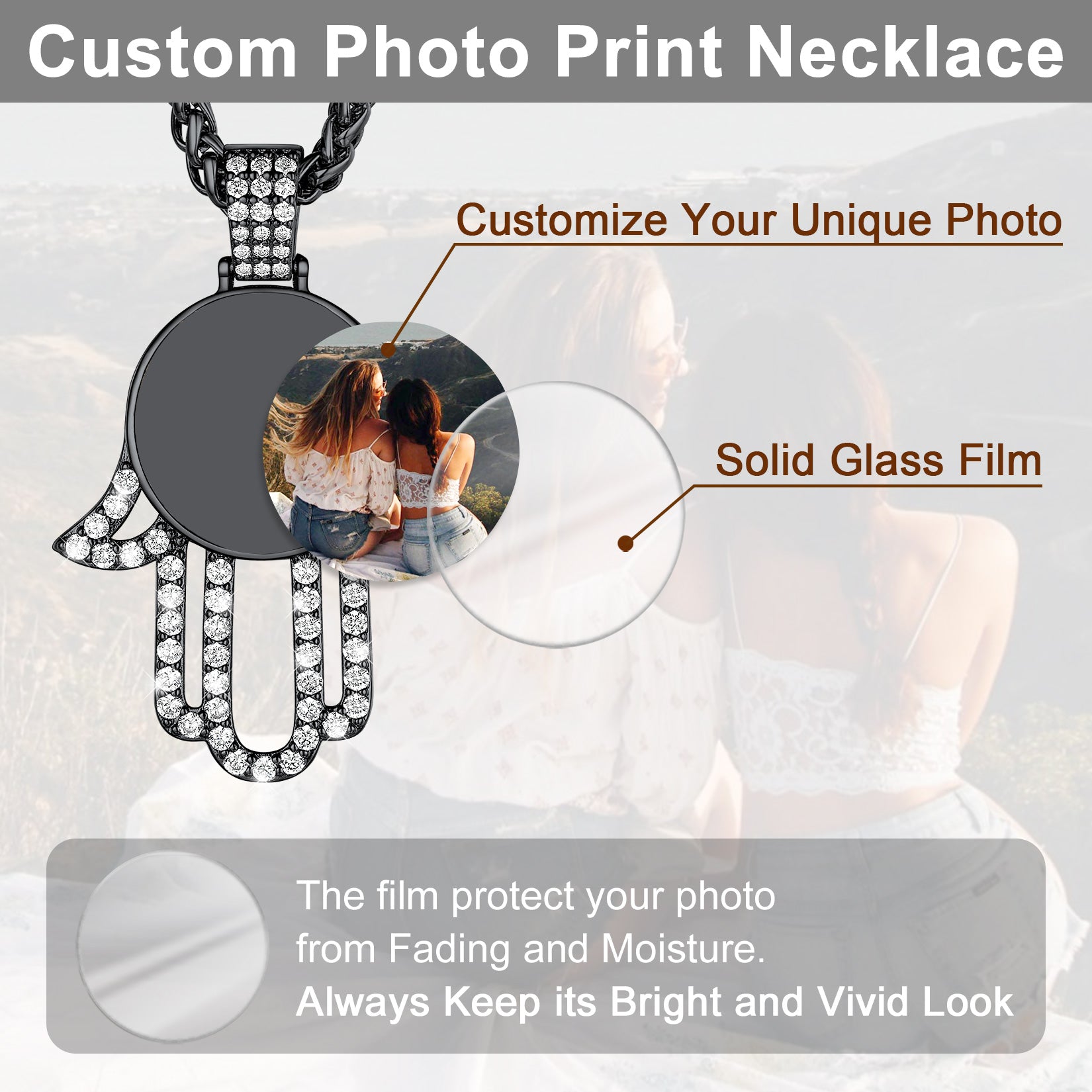 Custom photo print necklace with hamsa design, showing a couple and text about customization and protection.