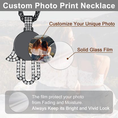 Custom photo print necklace with hamsa design, showing a couple and text about customization and protection.