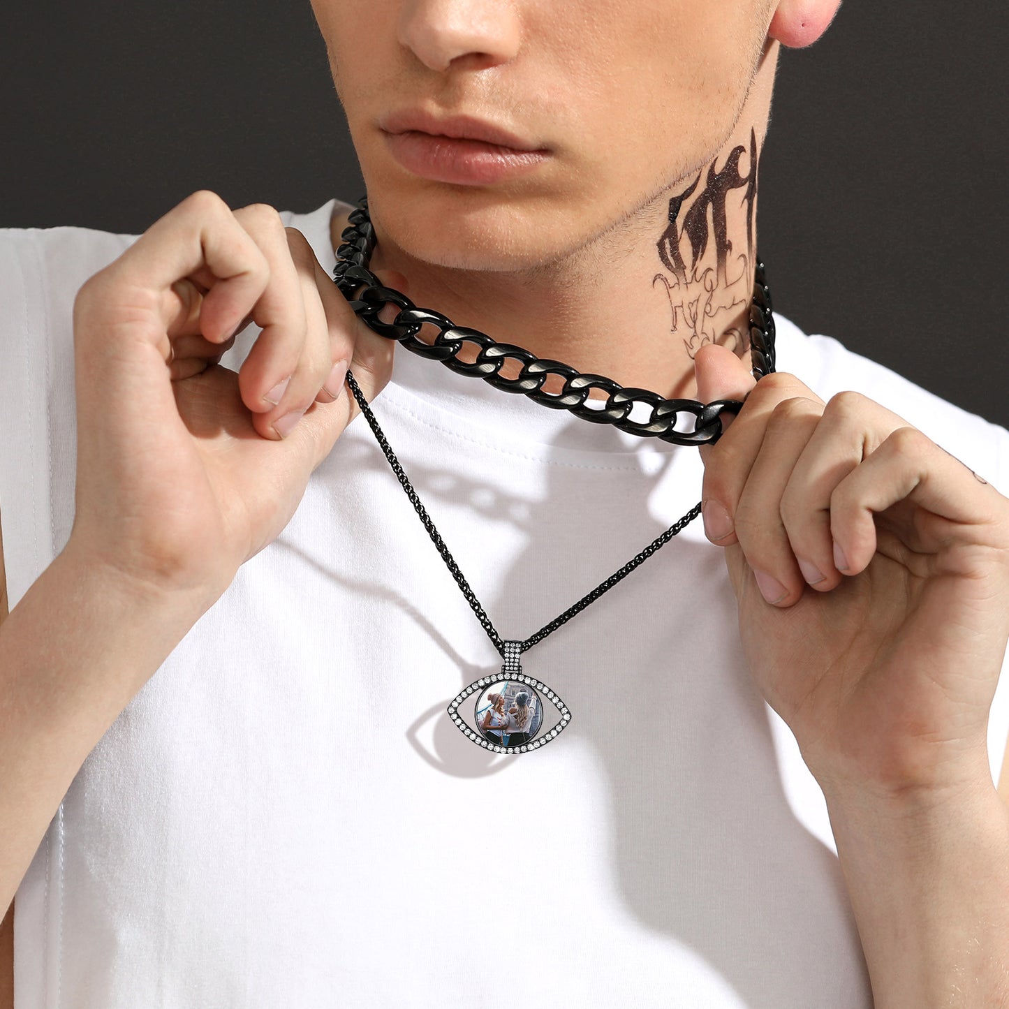 Personalized Picture Evil Eye Necklace with CZ for Men