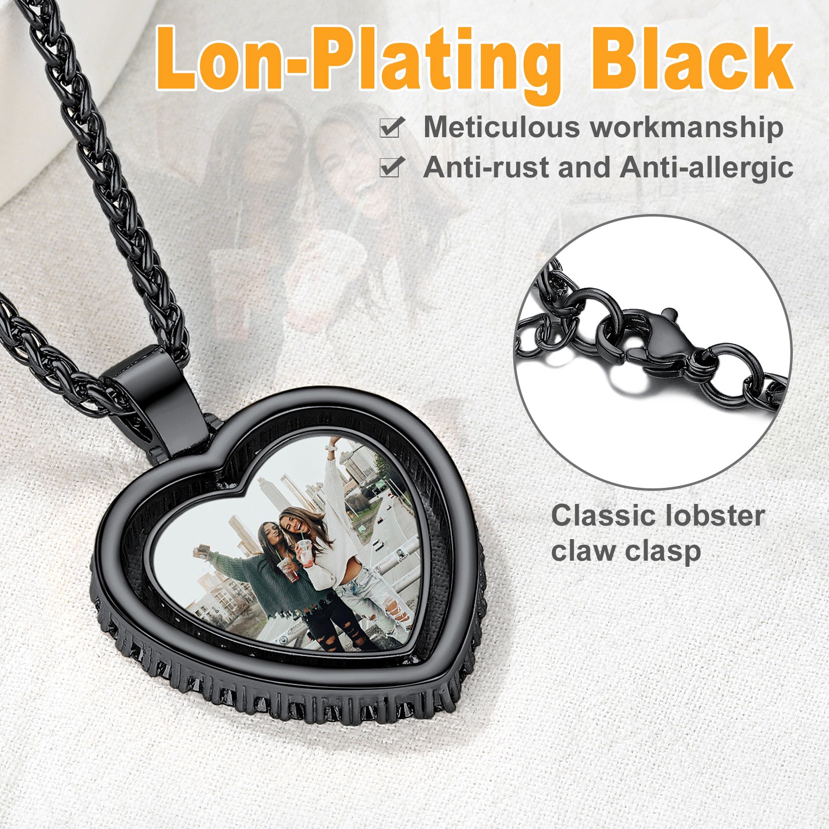 Customized Double-side Heart Picture Photo Necklace with Cubic Zirconia