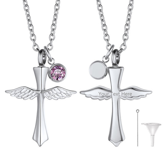 Custom Wings Cross Birthstone Urn Pendant Cremation Necklace for Men Women