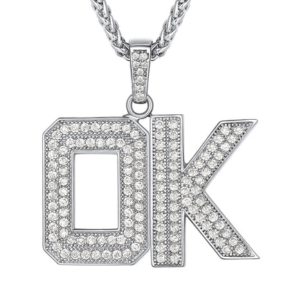 Silver necklace with 'OK' pendant on a white background