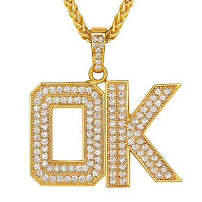Gold necklace with 'OK' pendant on a white background