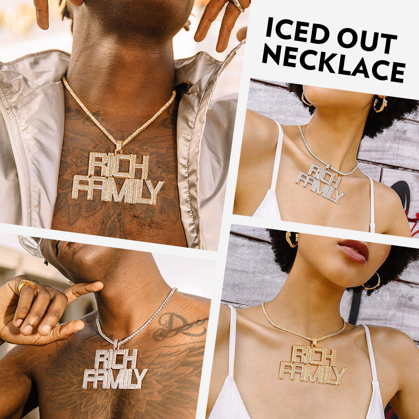 Collage of people wearing 'Rich Family' necklaces with text 'ICED OUT NECKLACE'.