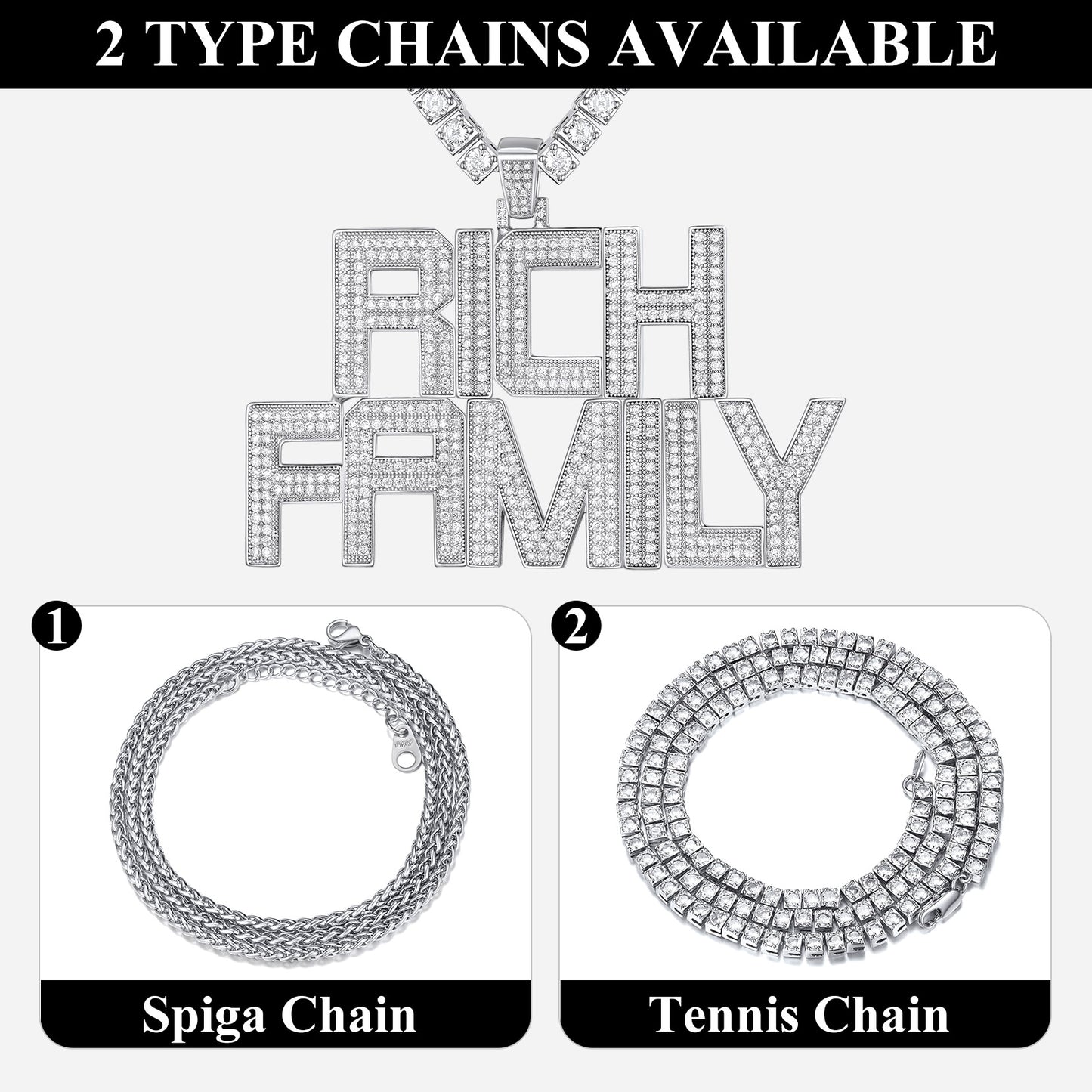 Two types of chains with 'Rich Family' pendant on a white background