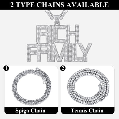 Two types of chains with 'Rich Family' pendant on a white background