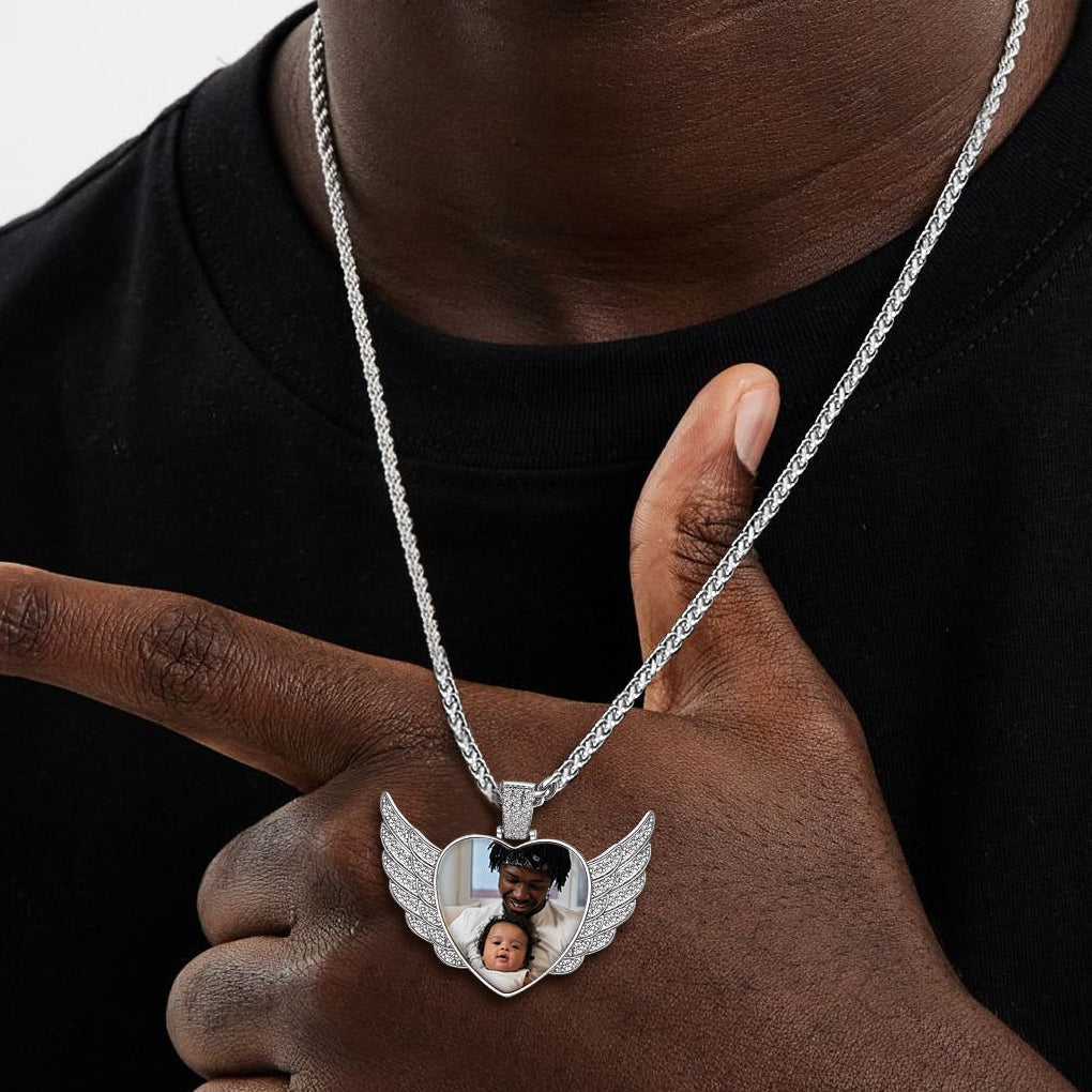Personalized Picture Angel Wings Heart Necklace with CZ - Custom