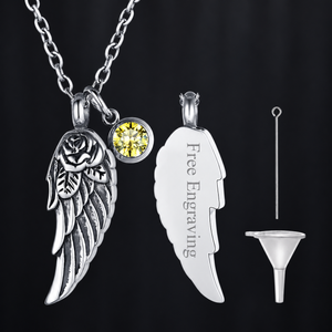 Silver Angel Wing Urn Necklace with Birthstone for Ashes