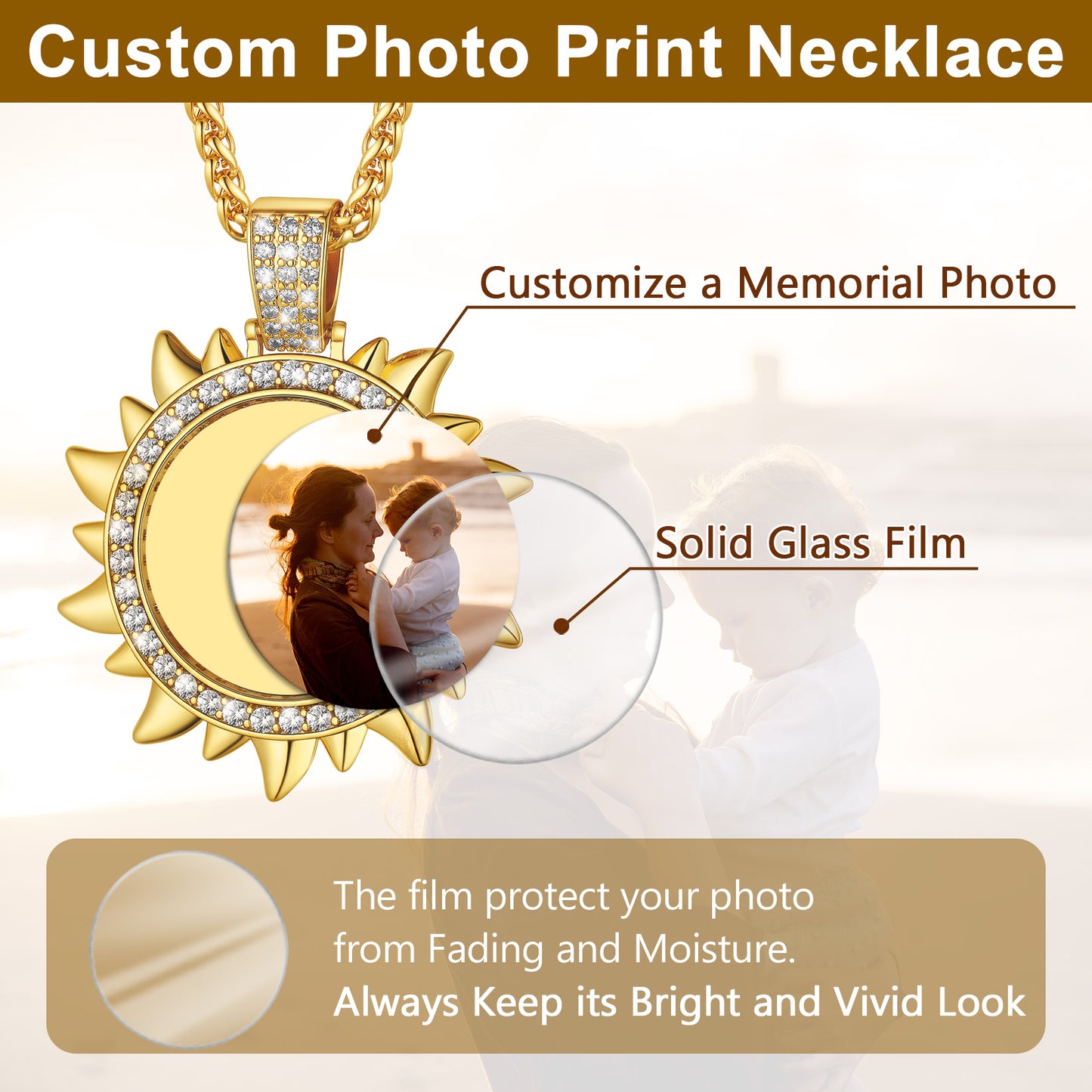 Custom Picture Sun Necklace with CZ for Men