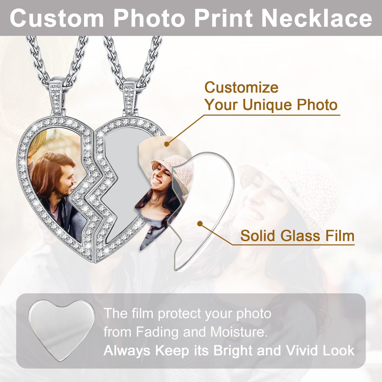 Heart-shaped custom photo print necklace with clear glass film to protect photos from fading and moisture.