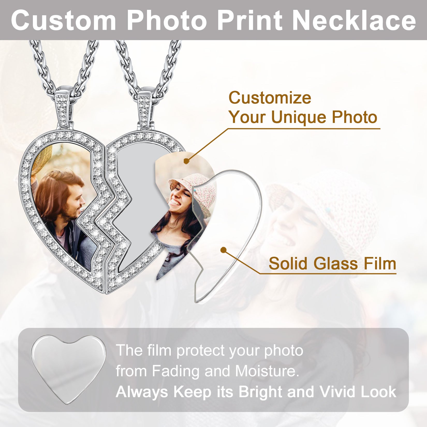 Heart-shaped custom photo print necklace with clear glass film to protect photos from fading and moisture.