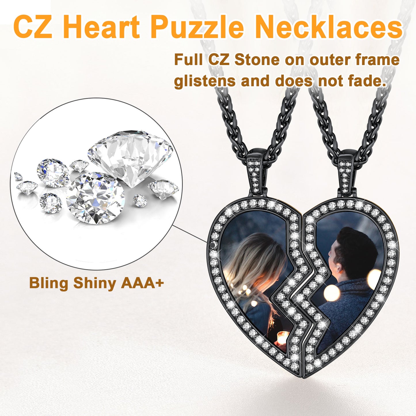 CZ Heart Puzzle Necklaces with close-up of stones and couple's photo on a white background