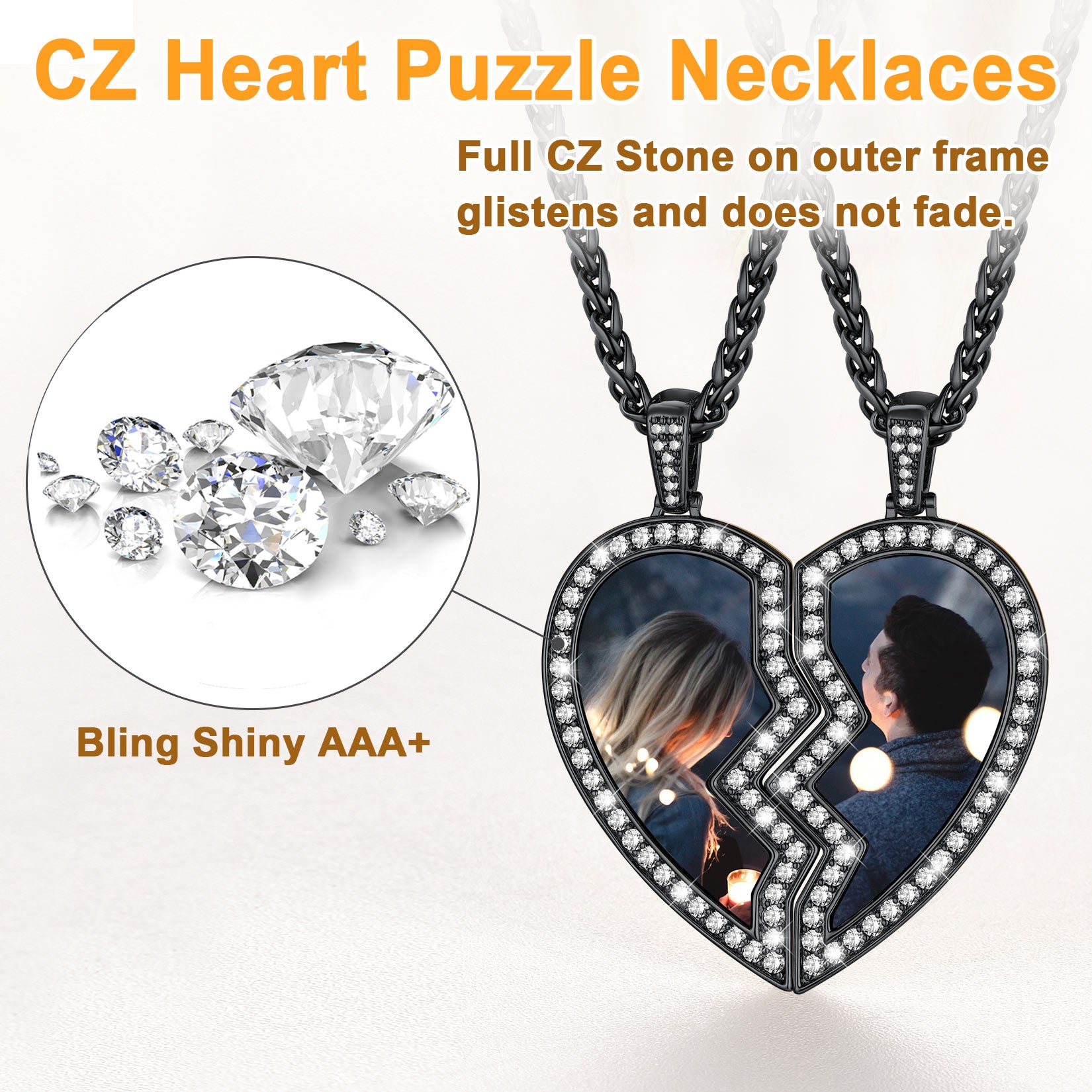 CZ Heart Puzzle Necklaces with close-up of stones and couple's photo on a white background