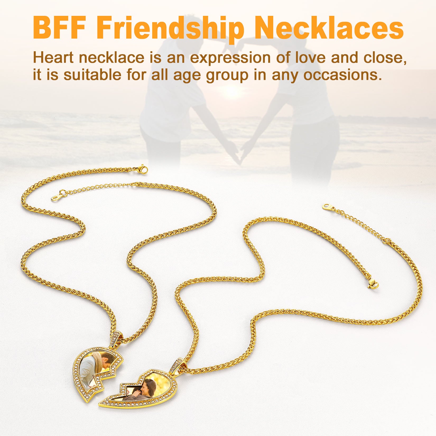 Gold heart-shaped BFF friendship necklaces on a white background