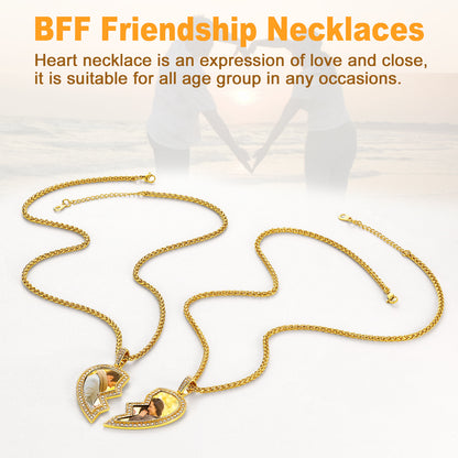 Gold heart-shaped BFF friendship necklaces on a white background