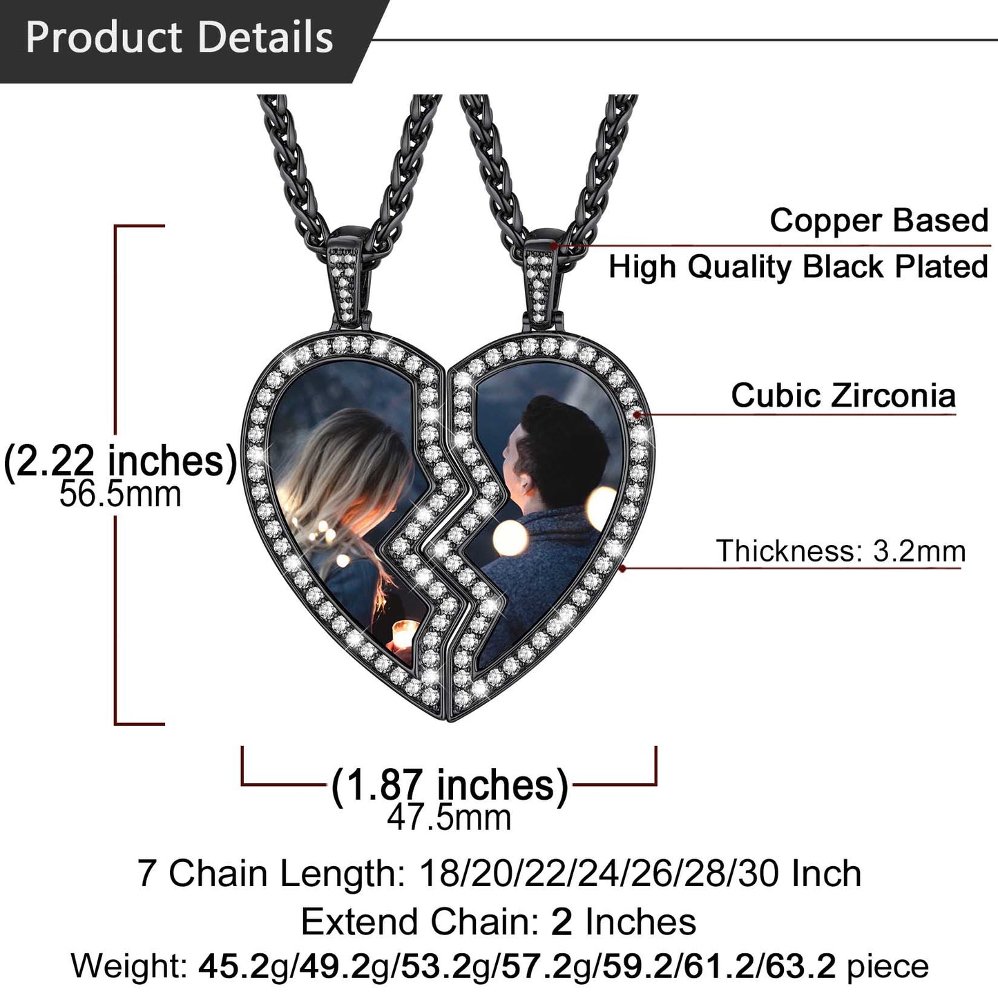 Heart-shaped pendant with embedded photos and product details on a white background