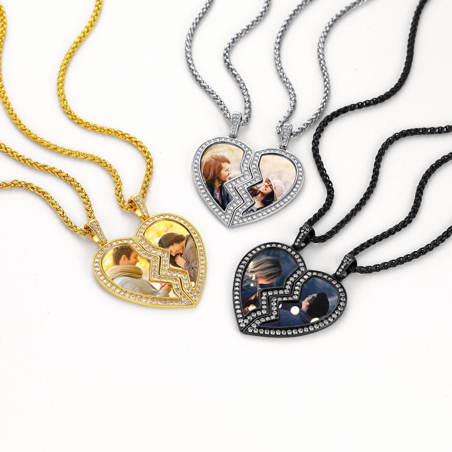 Heart-shaped photo pendants on gold, silver, and black necklaces against a white background.