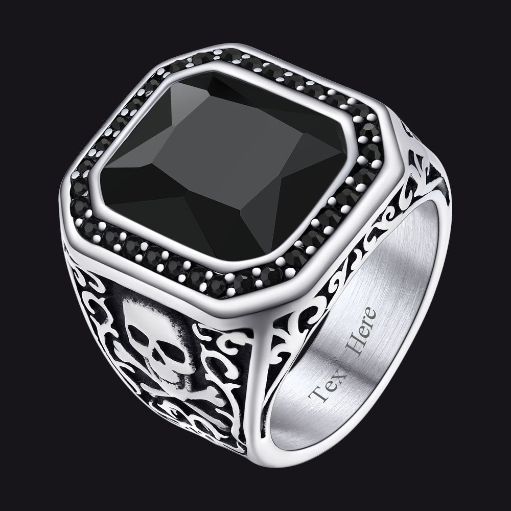 FaithHeart Black Onyx Stone Signet Ring with Skull for Men FaithHeart