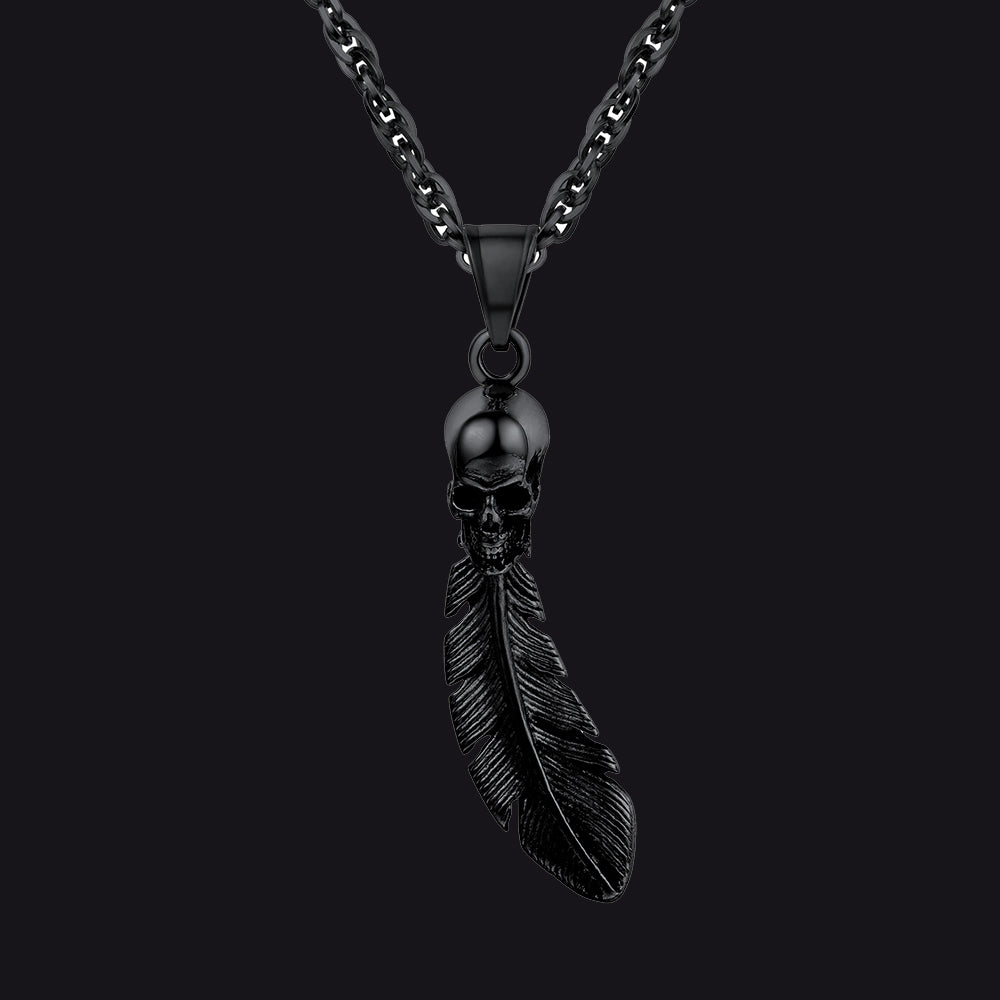 Gothic Stainless Steel Skull Feather Necklace FaithHeart Jewelry