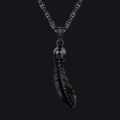 Gothic Stainless Steel Skull Feather Necklace FaithHeart Jewelry