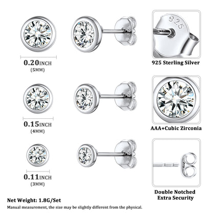 925 Sterling Silver CZ Stud Earrings Set for Men 3 Pairs
