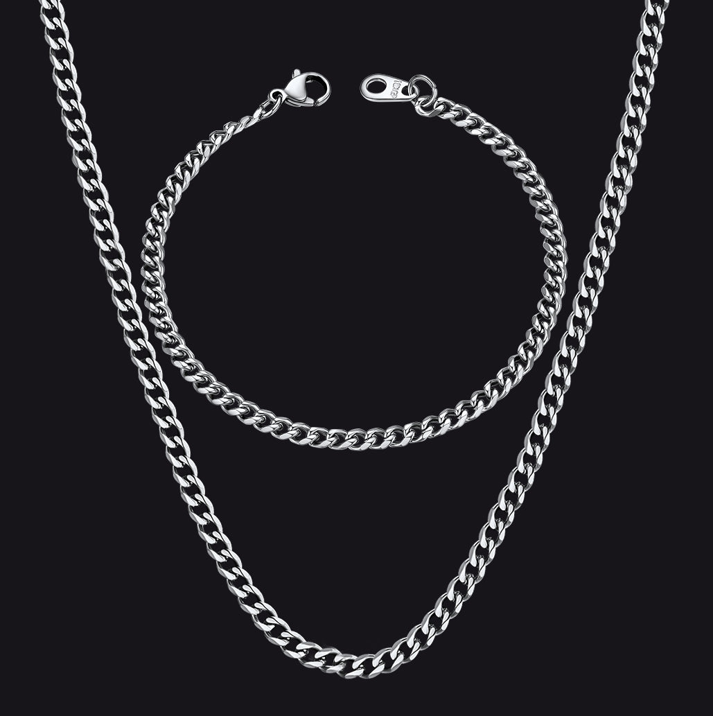 3MM Thin Curb Chain Necklace & Bracelet Bundle for Men