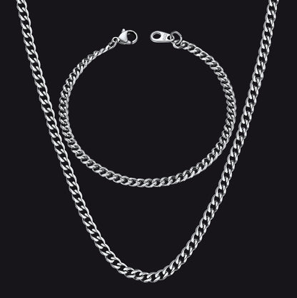 3MM Thin Curb Chain Necklace & Bracelet Bundle for Men