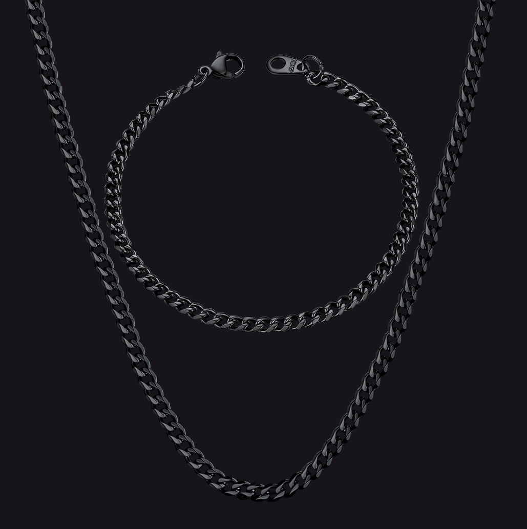3MM Thin Curb Chain Necklace & Bracelet Bundle for Men