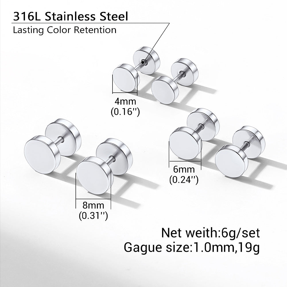 3 Pairs Simple Round Stud Earrings Set for Men 4/6/8MM Width