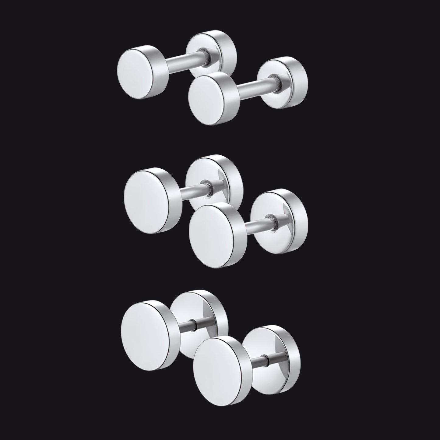 3 Pairs Simple Round Stud Earrings Set for Men 4/6/8MM Width