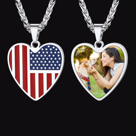 FaithHeart Heart American Flag Stainless Steel Picture Custom Necklace FaithHeart