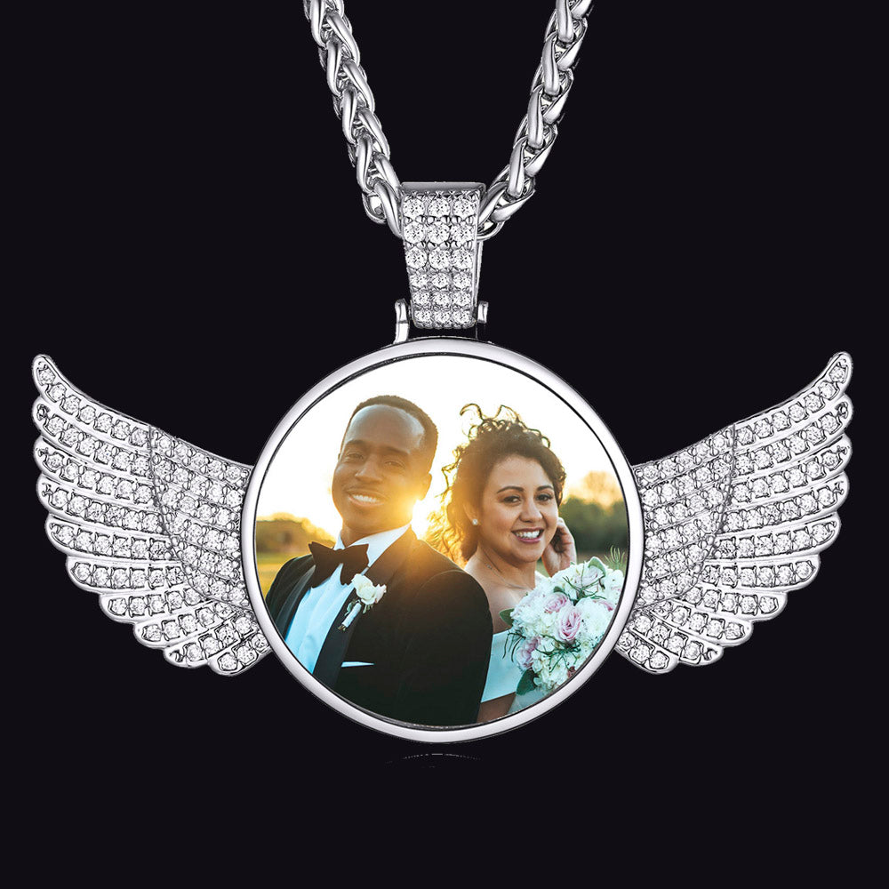 FaithHeart Angel Wings Zirconia Round Pendant Hip Hop Jewelry Picture Necklace FaithHeart