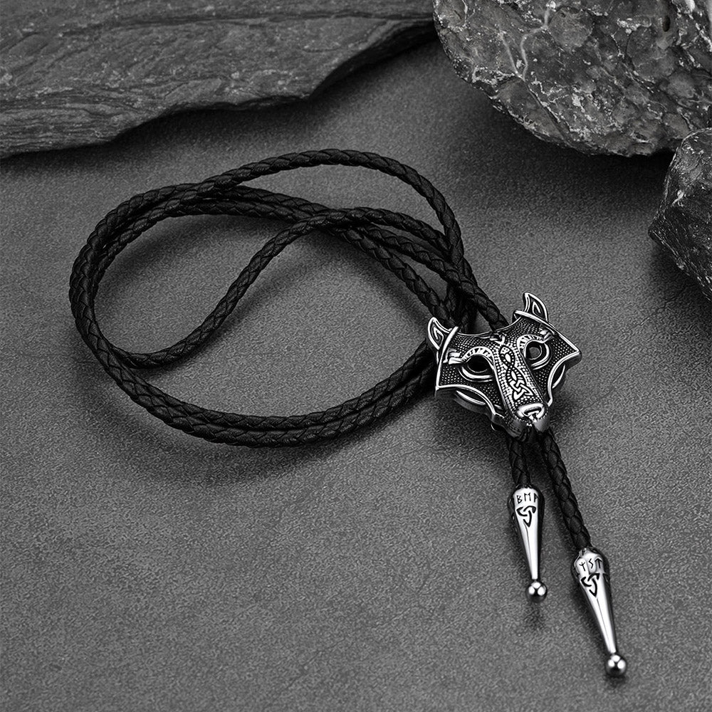 FaithHeart Norse Viking Wolf Genuine Leather Necktie FaithHeart