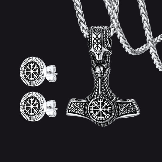FaithHeart Viking Thors Hammer Necklace Rune Compass Stud Earrings Set FaithHeart Jewelry