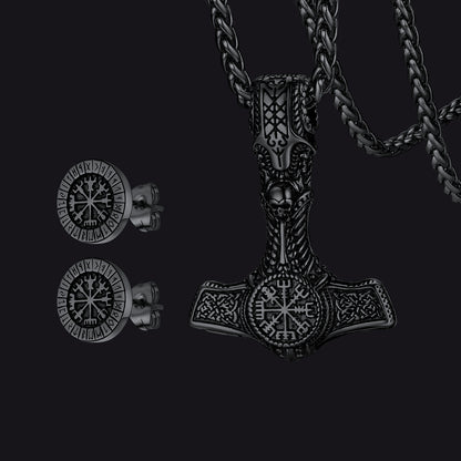 FaithHeart Viking Thors Hammer Necklace Rune Compass Stud Earrings Set FaithHeart Jewelry
